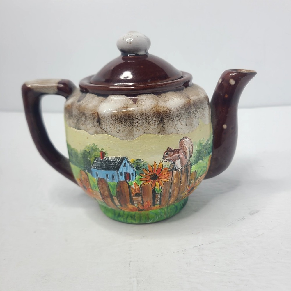70s‎ Cottagecore Squirrel Teapot Vintage Hand Painted Farmhouse Scene Signed